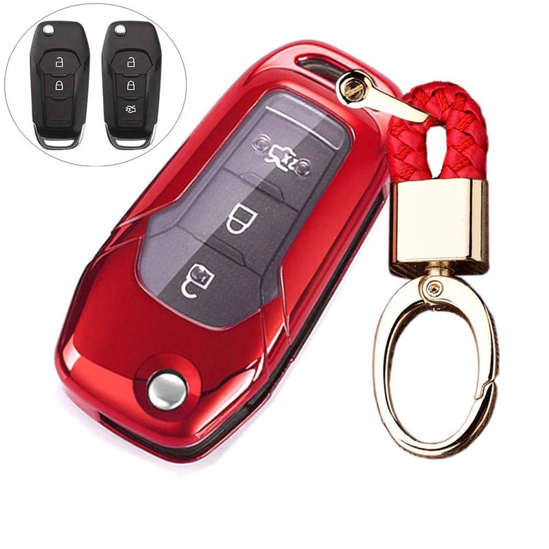 ROYALFOX(TM 2 3 Buttons Soft TPU flip Remote Key Fob case Cover for 2015 2016 2017 2018 2019 Ford F150 F250,Focus 3 Escort Kuga Everest Fiesta Mustang Edge MKV Fusion 2016 Ranger (red) - Image 1